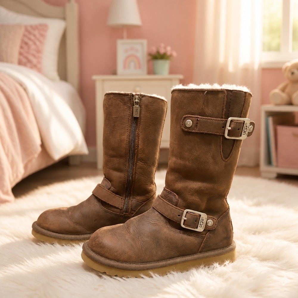 Ugg Australia Boots Brown Leather Shearling Lined Kensington Little Kids Size 13